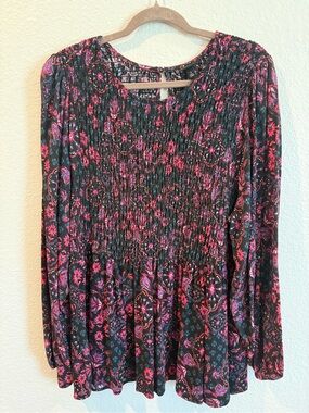 torrid Black Floral Smocked Peasant Blouse with Pink Accents